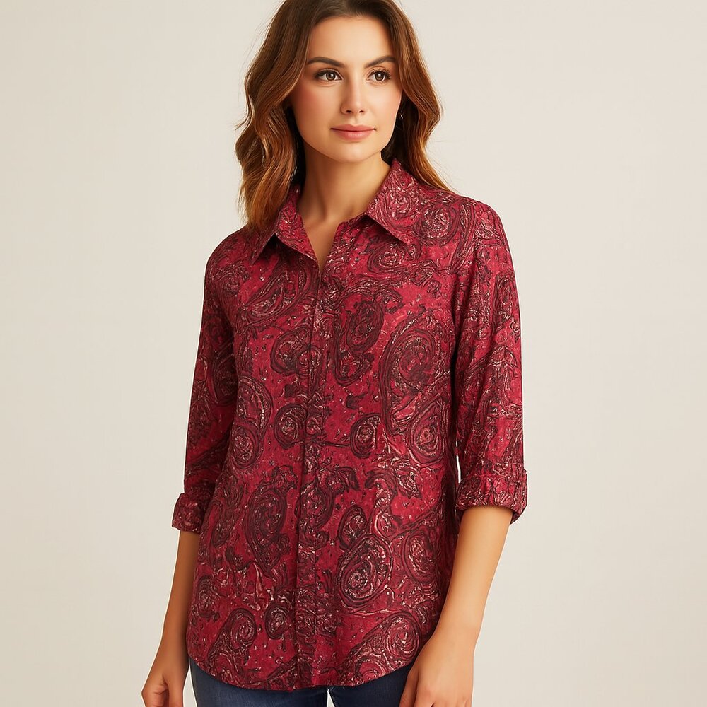 Tommy Hilfiger Womens Classic Fit Paisley Pattern Magenta Shirt Size XS